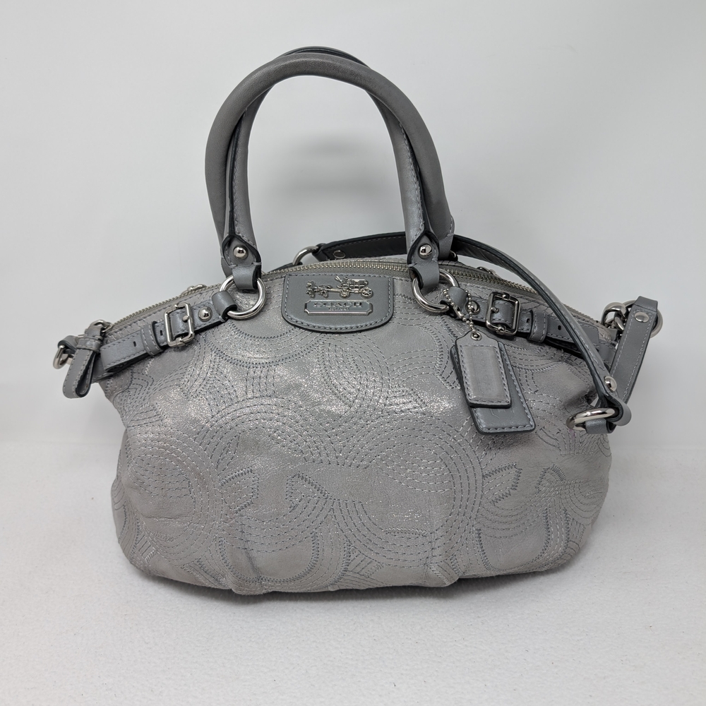 Women's Coach Madison Stitched Silver Grey Leather Satchel Shoulder Handbag